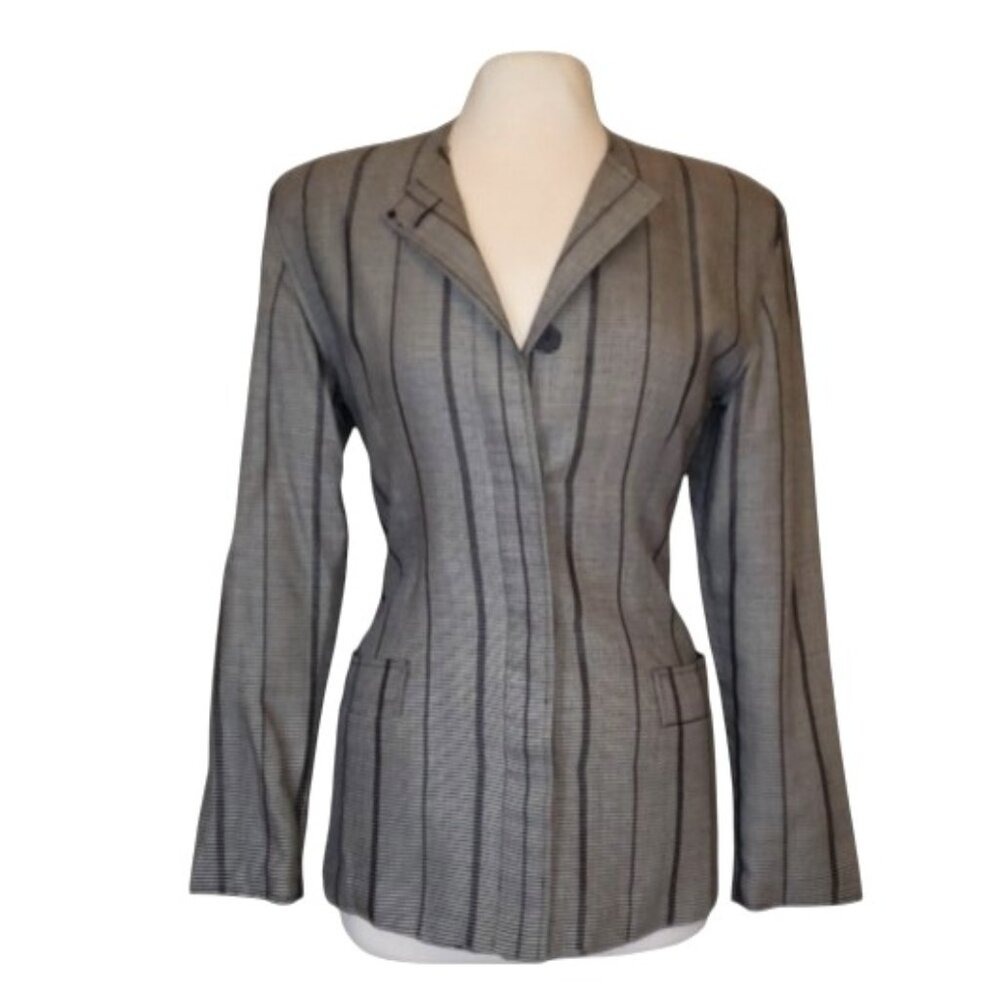Gucci Vintage 1980s Striped Gray Black Long Hidden Button Suit Blazer Jacket 6